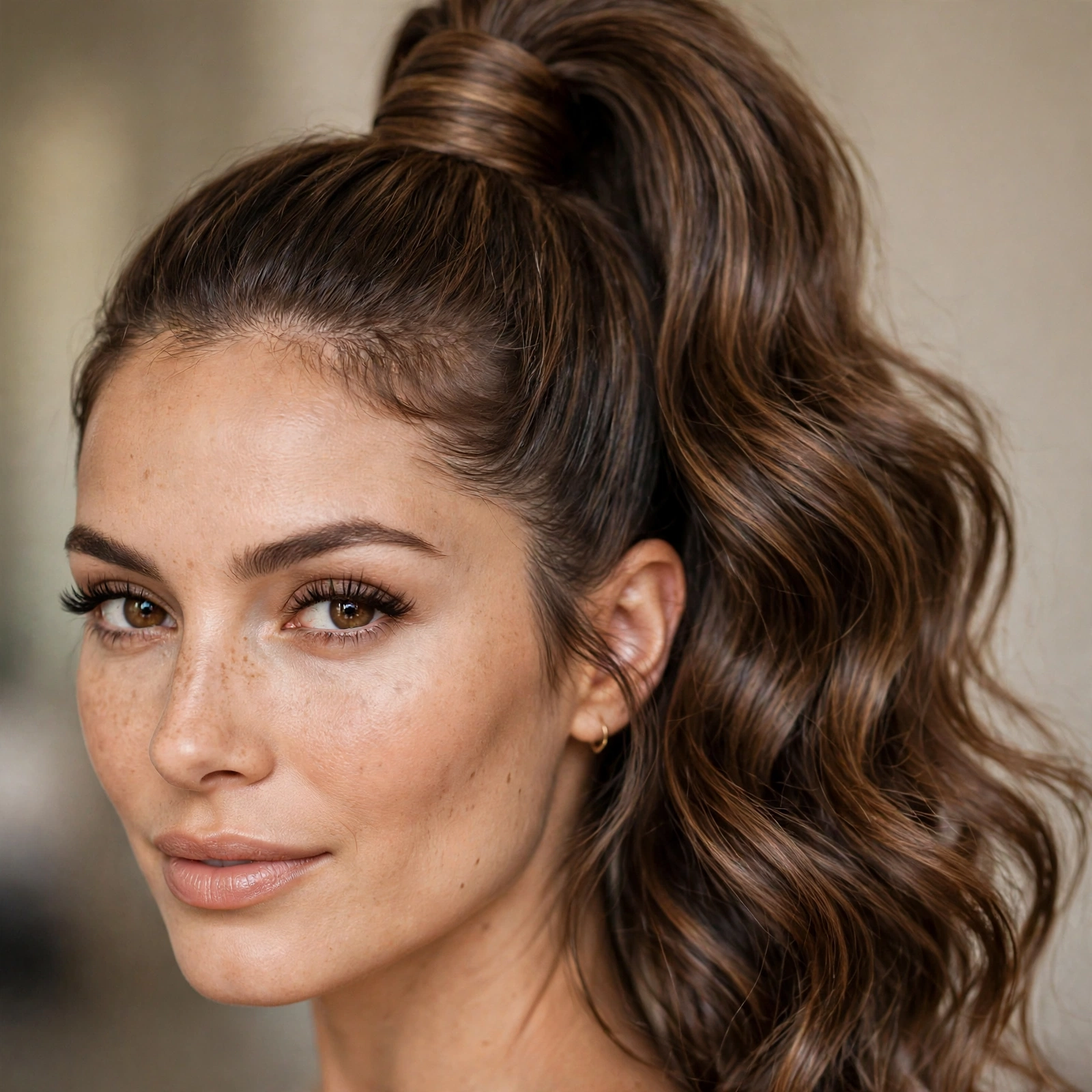 High ponytail with wrapped base and wavy tail