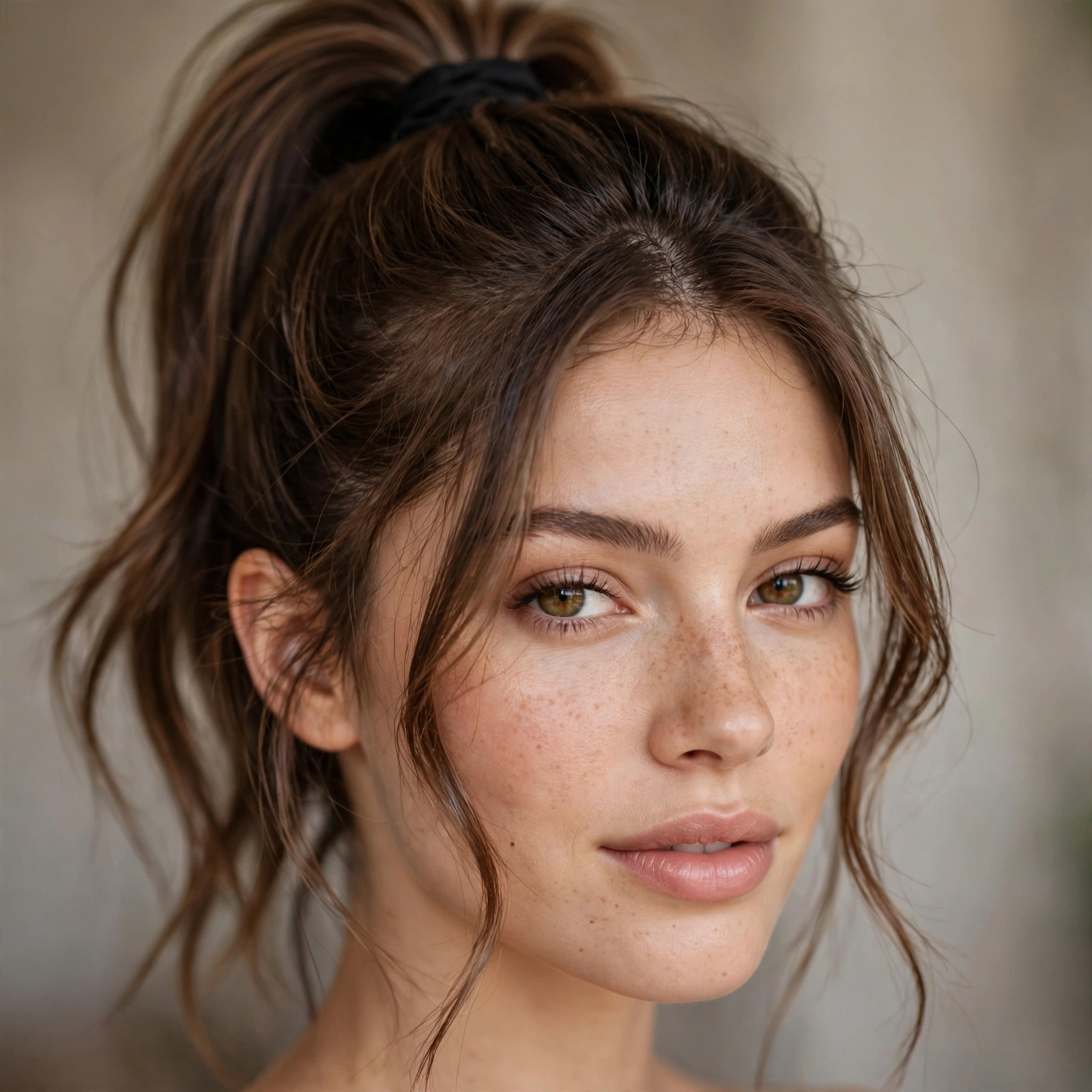 High ponytail with soft face-framing tendrils