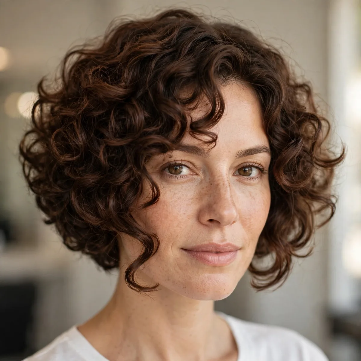 Inverted bob haircut on curly hair with rounded shape
