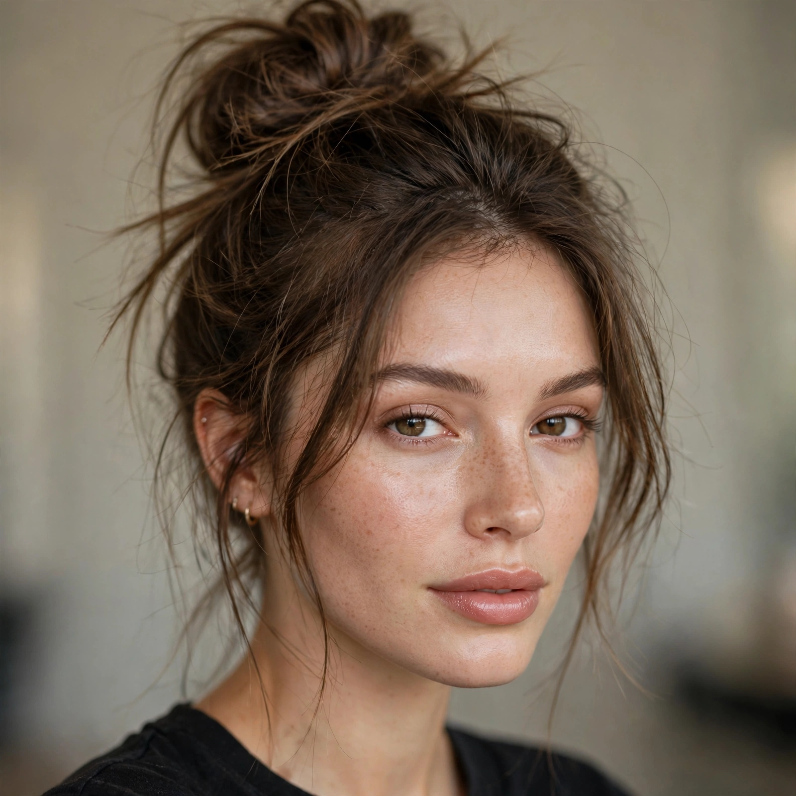 High messy bun on medium-length hair