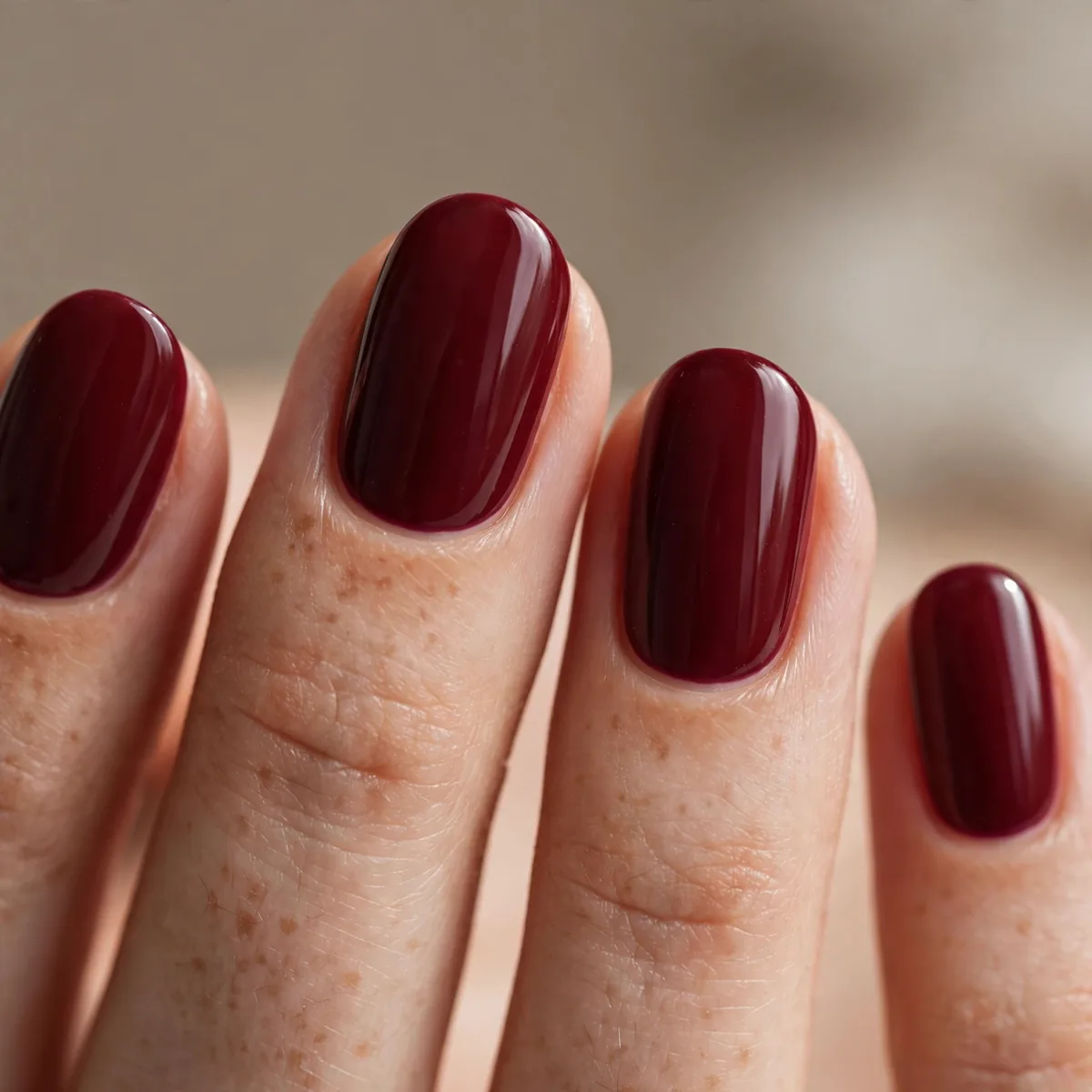 Burgundy polish on oval nails
