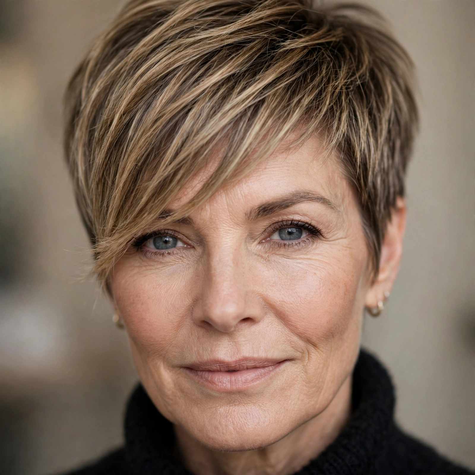 Pixie haircut with long side-swept bangs