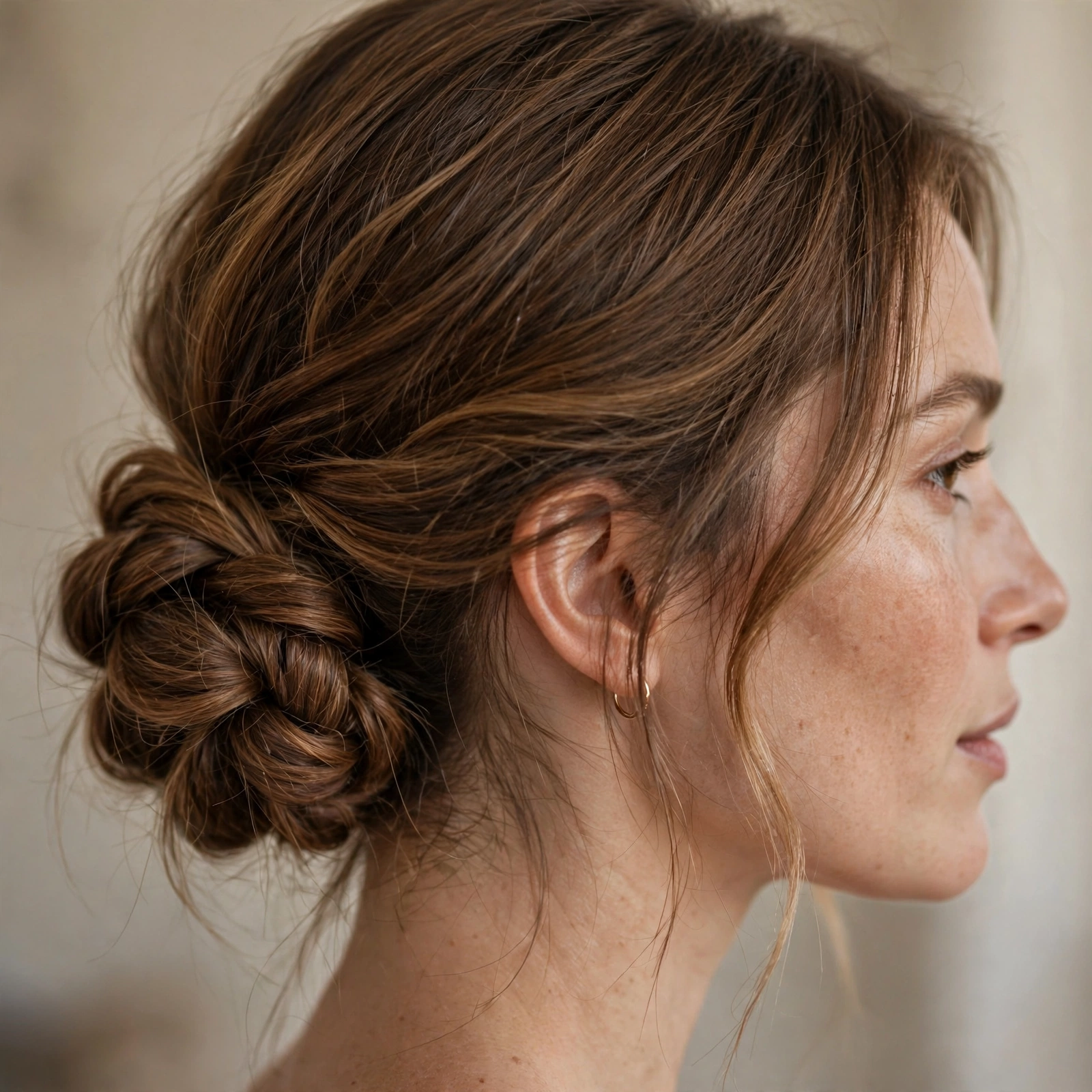 Knotted low updo with soft texture