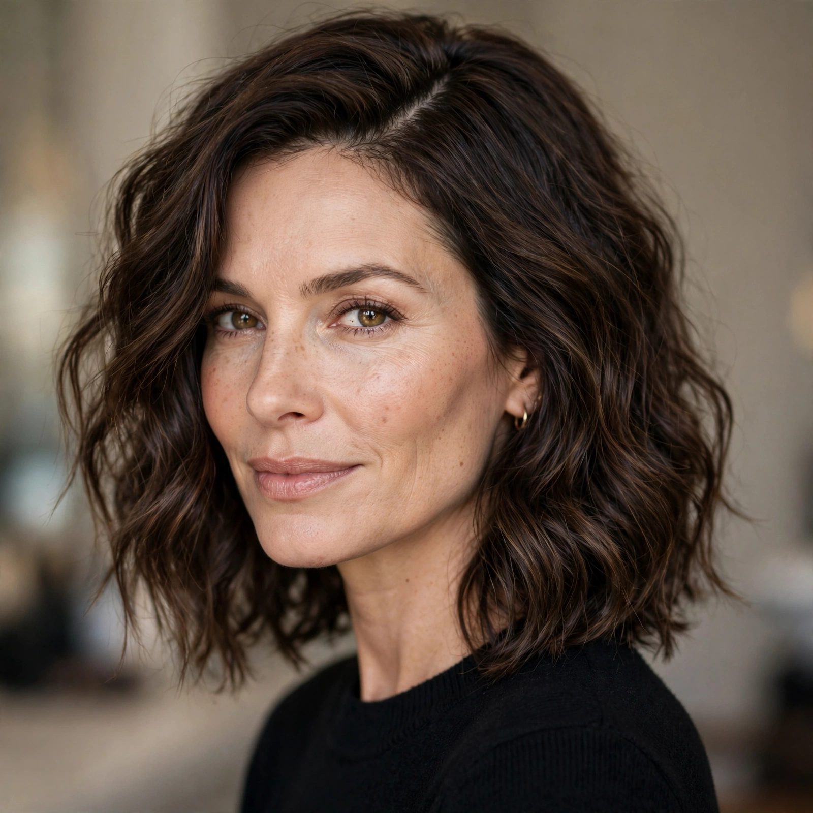 Textured wavy shoulder-length hair with deep side part