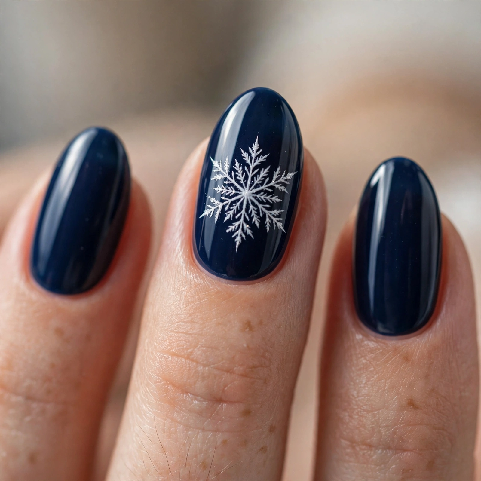 White snowflake on midnight blue nails
