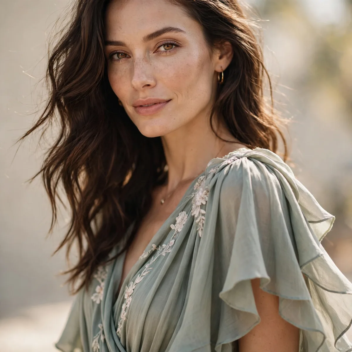 Tall woman in flowing maxi dress