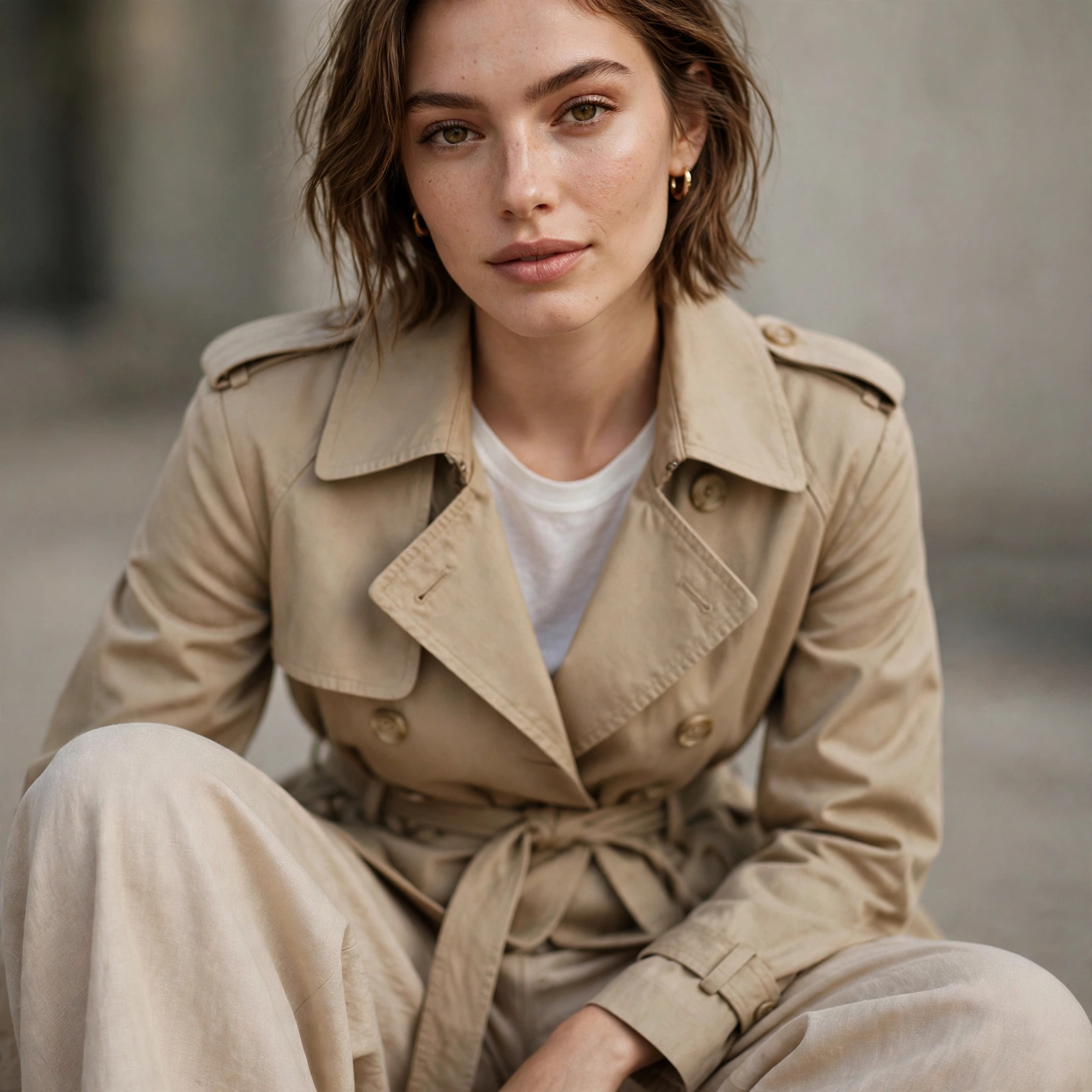 Short trench with wide leg pants