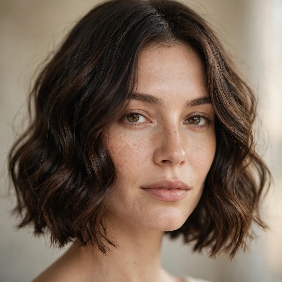 Blunt wavy bob with a clean perimeter and natural waves