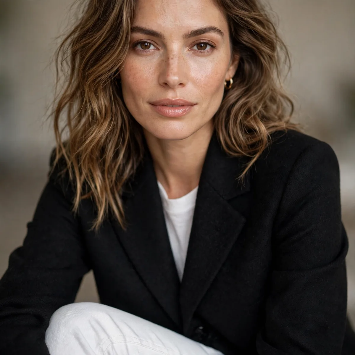 White jeans with black blazer
